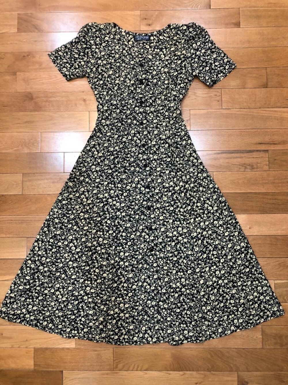 VTG All That Jazz Black & Tan Floral Chiffon A-Line Midi Dress 90s Cottagecore S - Picture 5 of 10
